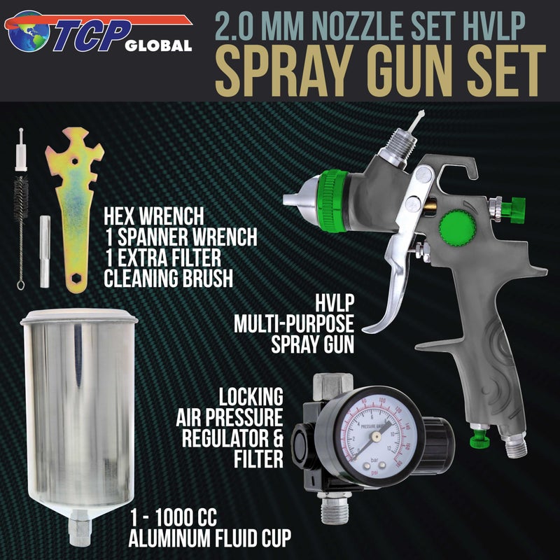 TCP Global TTCP Global Professional HVLP Spray Gun 2.0mm - Gravity Feed Auto Paint Gun Kit for Basecoat, Clearcoat, Primer - Spray Guns Paint Sprayer with Air Compressor Regulator (G6600-13) - Image 2